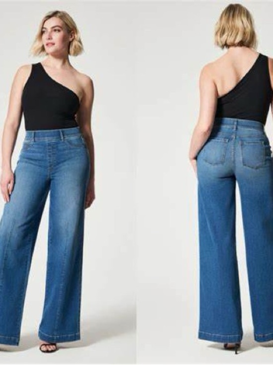 SPANX Denim - SPANX High-Rise Wide-Leg Jeans in Medium Blue Wash